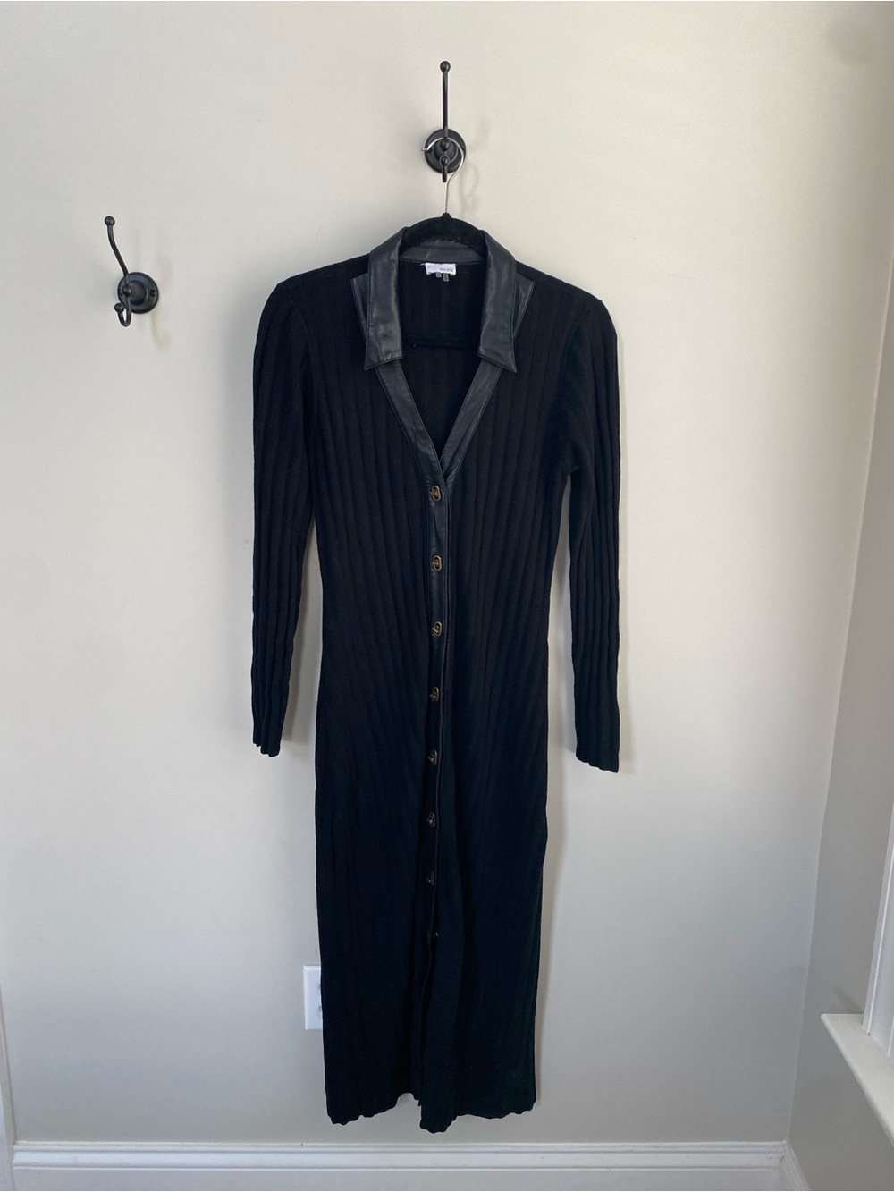 ecru Black Ribbed Maxi Dress Faux Leather Collar and rustic metal turn buttons